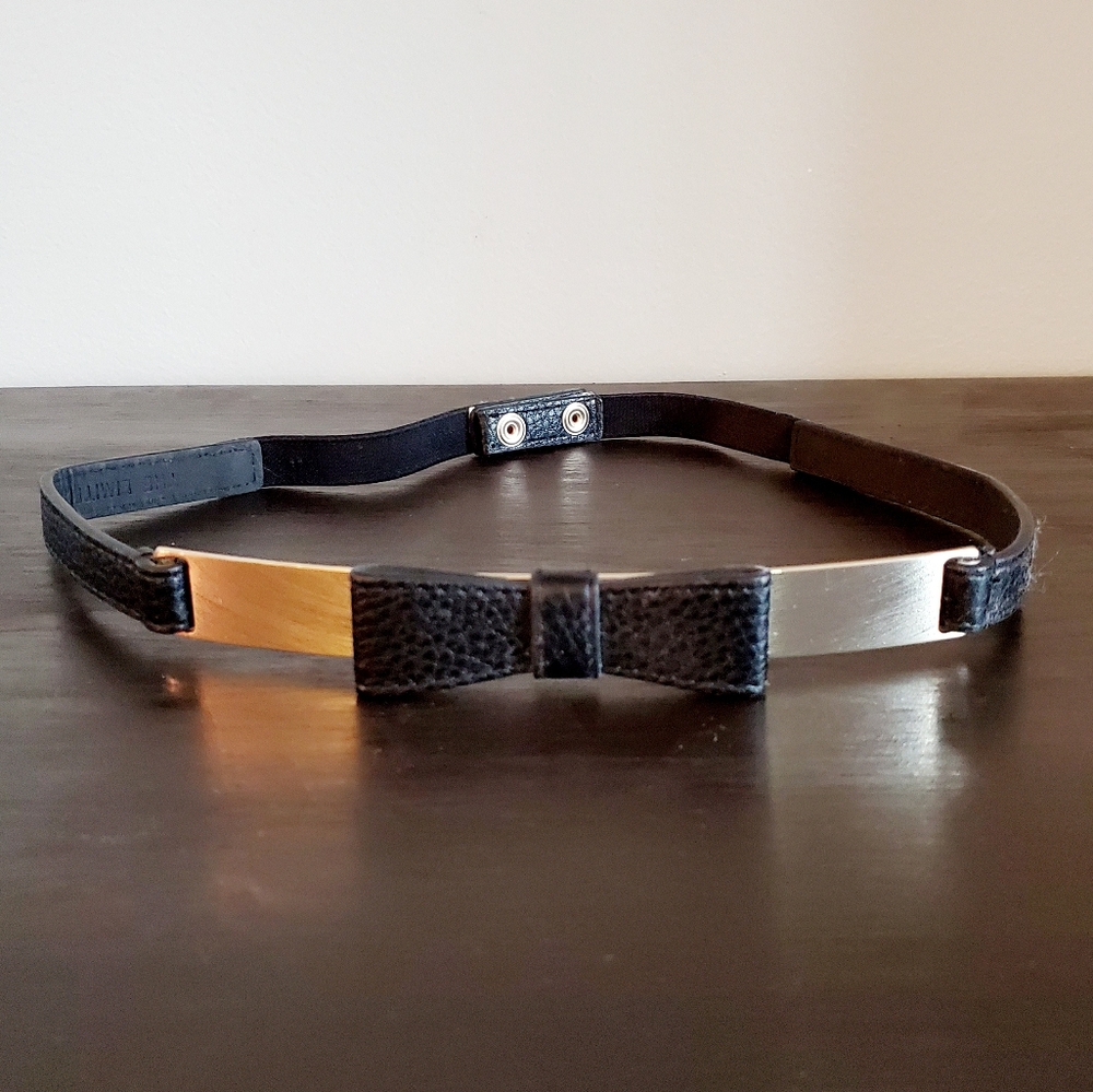 Black leather bow belt with gold hardware